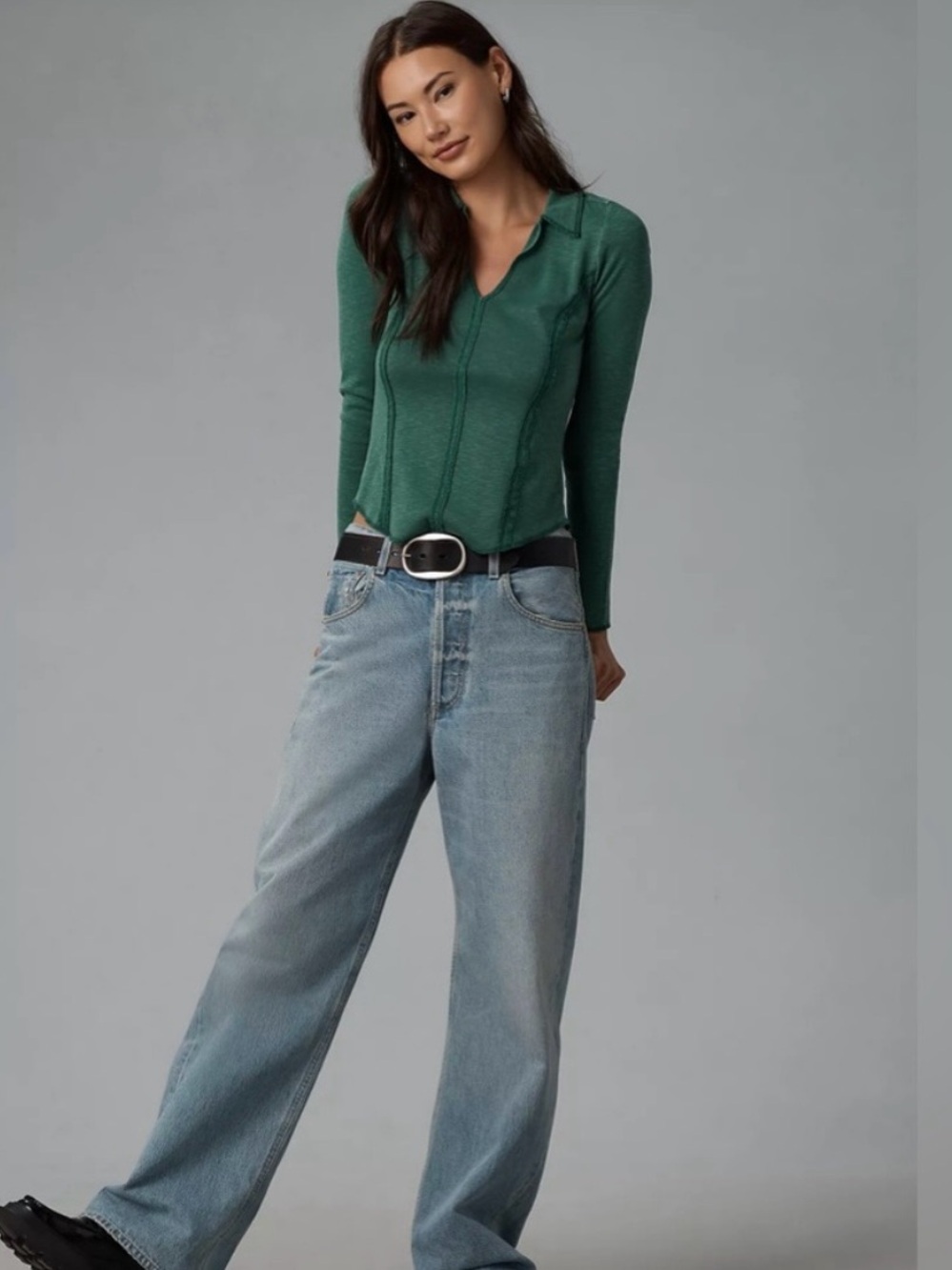 Anthropologie Pilcro Stitched Long Sleeve Top Green L V-Neck - Picture 3 of 11